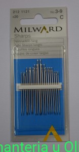Igły Sharps do szycia ręcznego długie, stal Milward Coats 3-9