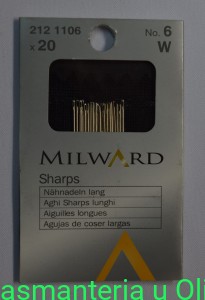 Igły Sharps do szycia ręcznego długie, stal Milward Coats 6