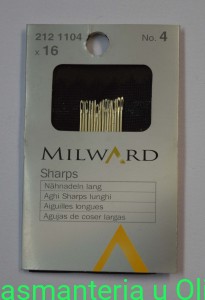 Igły Sharps do szycia ręcznego długie, stal Milward Coats 4