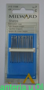 Igły Sharps do szycia ręcznego długie, stal Milward Coats 7