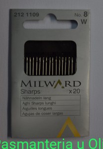 Igły Sharps do szycia ręcznego długie, stal Milward Coats 8