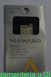 Igły Sharps do szycia ręcznego długie, stal Milward Coats 3