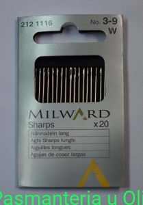 Igły Sharps do szycia ręcznego długie, stal Milward Coats 3-9